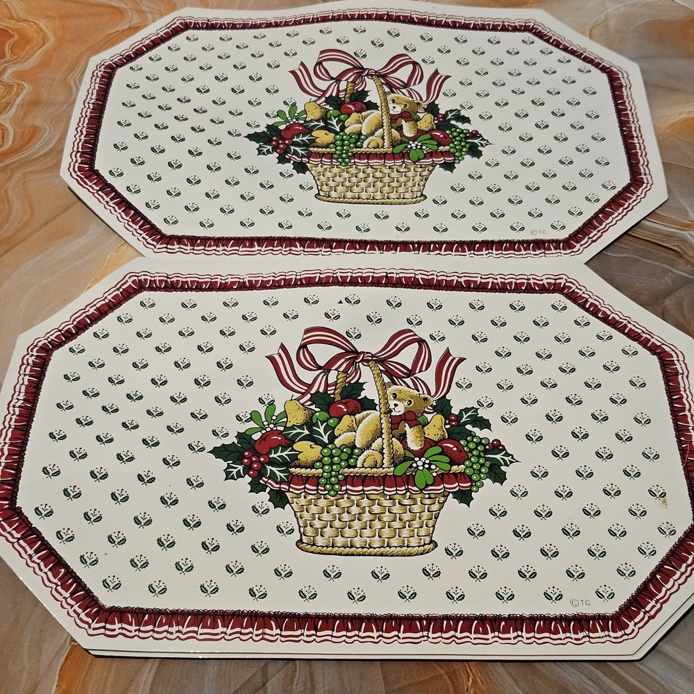 Vintage Town & Country Holiday Teddy Bear Placemats Set of 4 Vinyl Foam Back